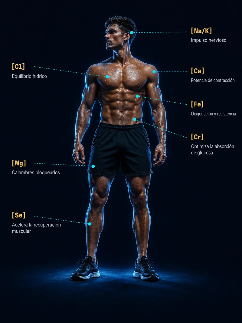 Diagrama de minerales clave sobre un atleta: Na/K, Cl, Ca, Fe, Cr, Mg, Se